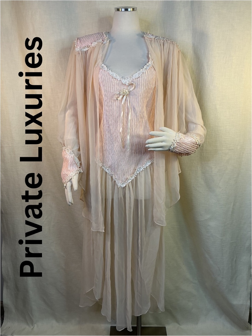 Private Luxuries Vintage Blush Pink Peignoir Robe Nightgown Lace Set Size Small